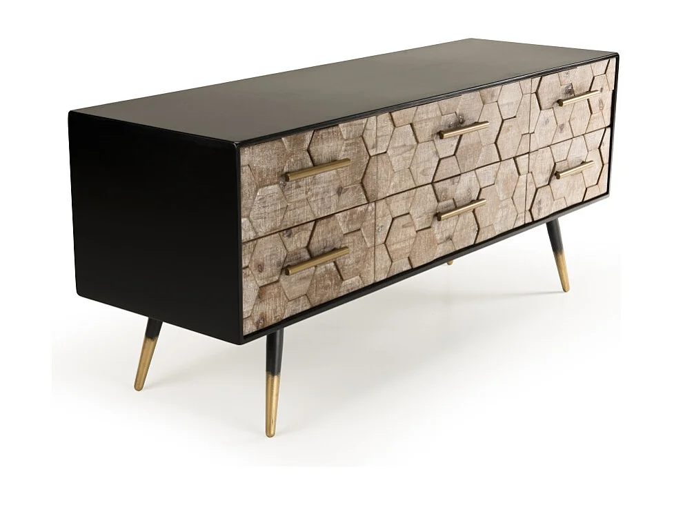 DORRIE - Meuble TV noir 6 tiroirs scandi bois pieds métal doré