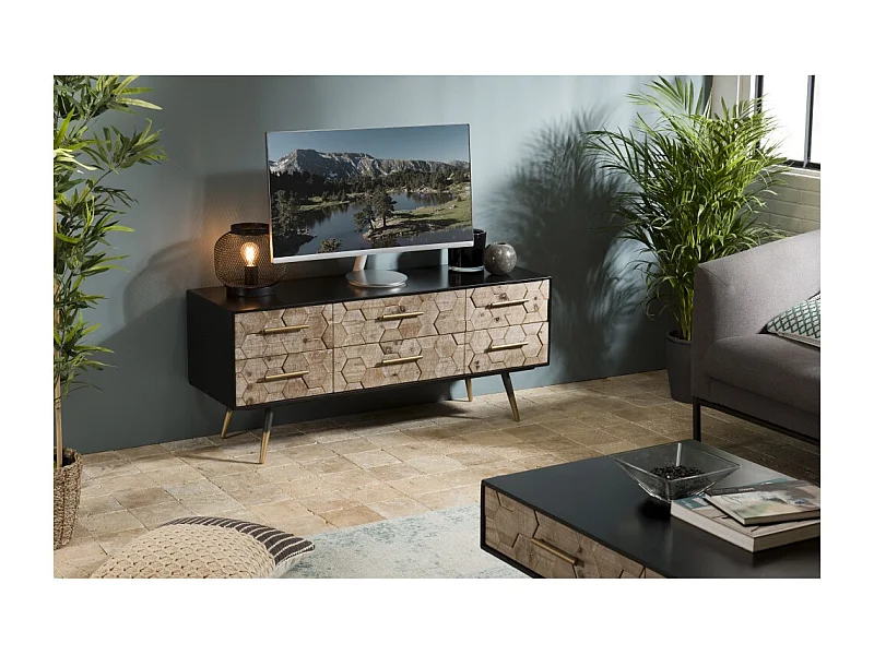 DORRIE - Meuble TV noir 6 tiroirs scandi bois pieds métal doré
