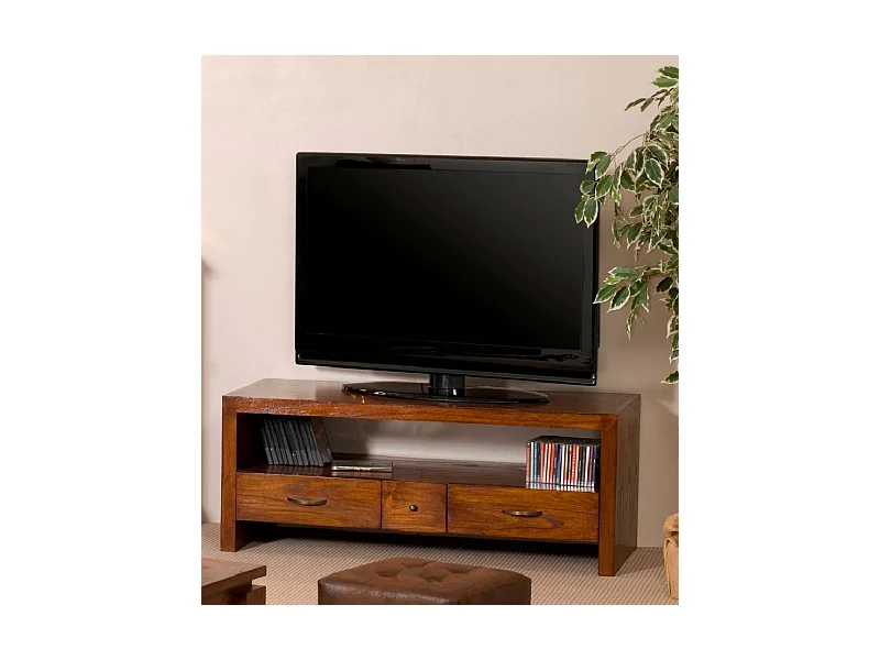 LAUREN - Meuble TV marron 2 grands tiroirs 1 petit tiroir bois Mindi