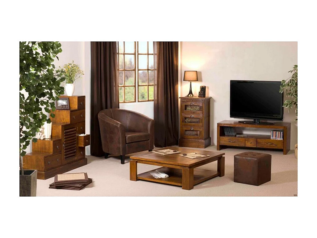 LAUREN - Meuble TV marron 2 grands tiroirs 1 petit tiroir bois Mindi