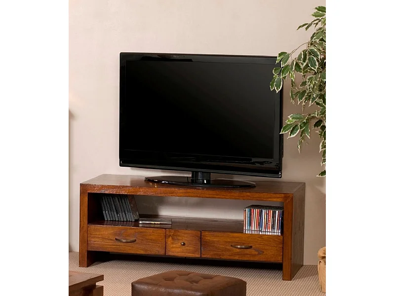 LAUREN - Meuble TV marron 2 grands tiroirs 1 petit tiroir bois Mindi