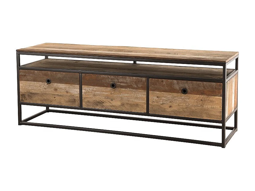 SIXTINE - Meuble TV marron 3 tiroirs en bois de Teck recyclé