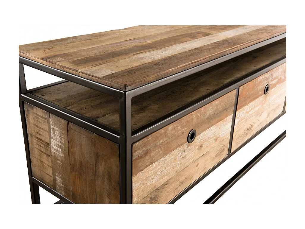 SIXTINE - Meuble TV marron 3 tiroirs en bois de Teck recyclé