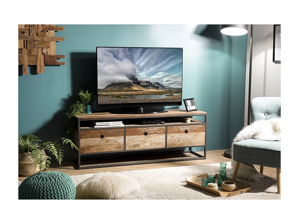 SIXTINE - Meuble TV marron 3 tiroirs en bois de Teck recyclé