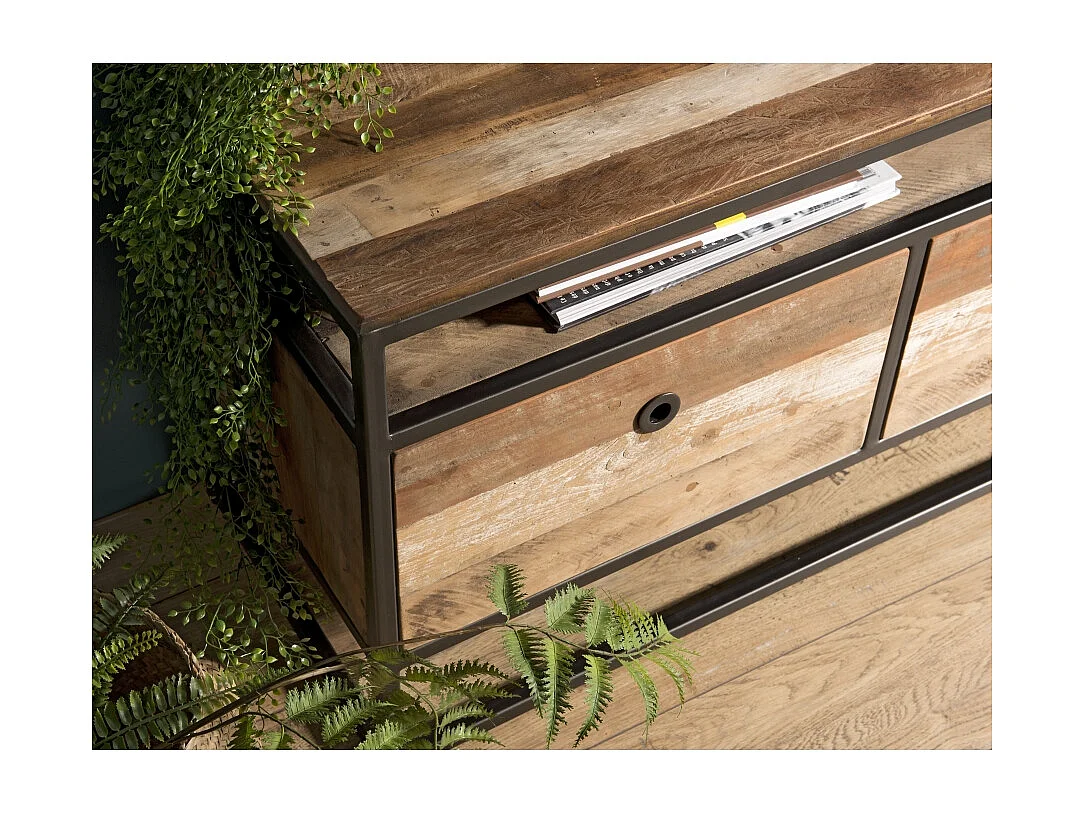 SIXTINE - Meuble TV marron 3 tiroirs en bois de Teck recyclé