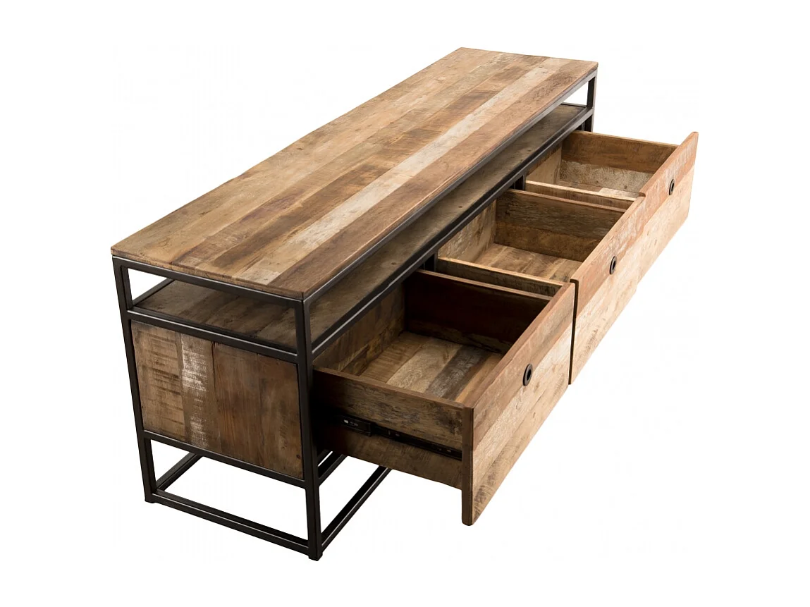 SIXTINE - Meuble TV marron 3 tiroirs en bois de Teck recyclé