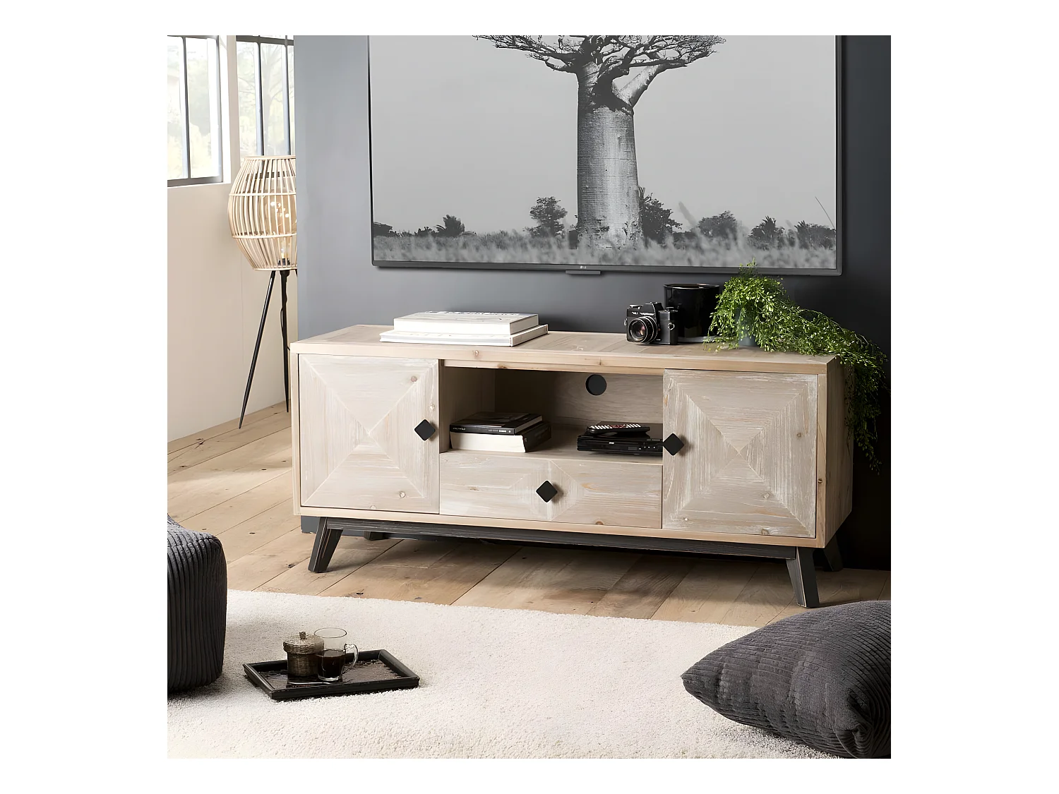 ANDRO - Meuble TV beige scandi 2 portes 1 tiroir 1 niche pieds noirs