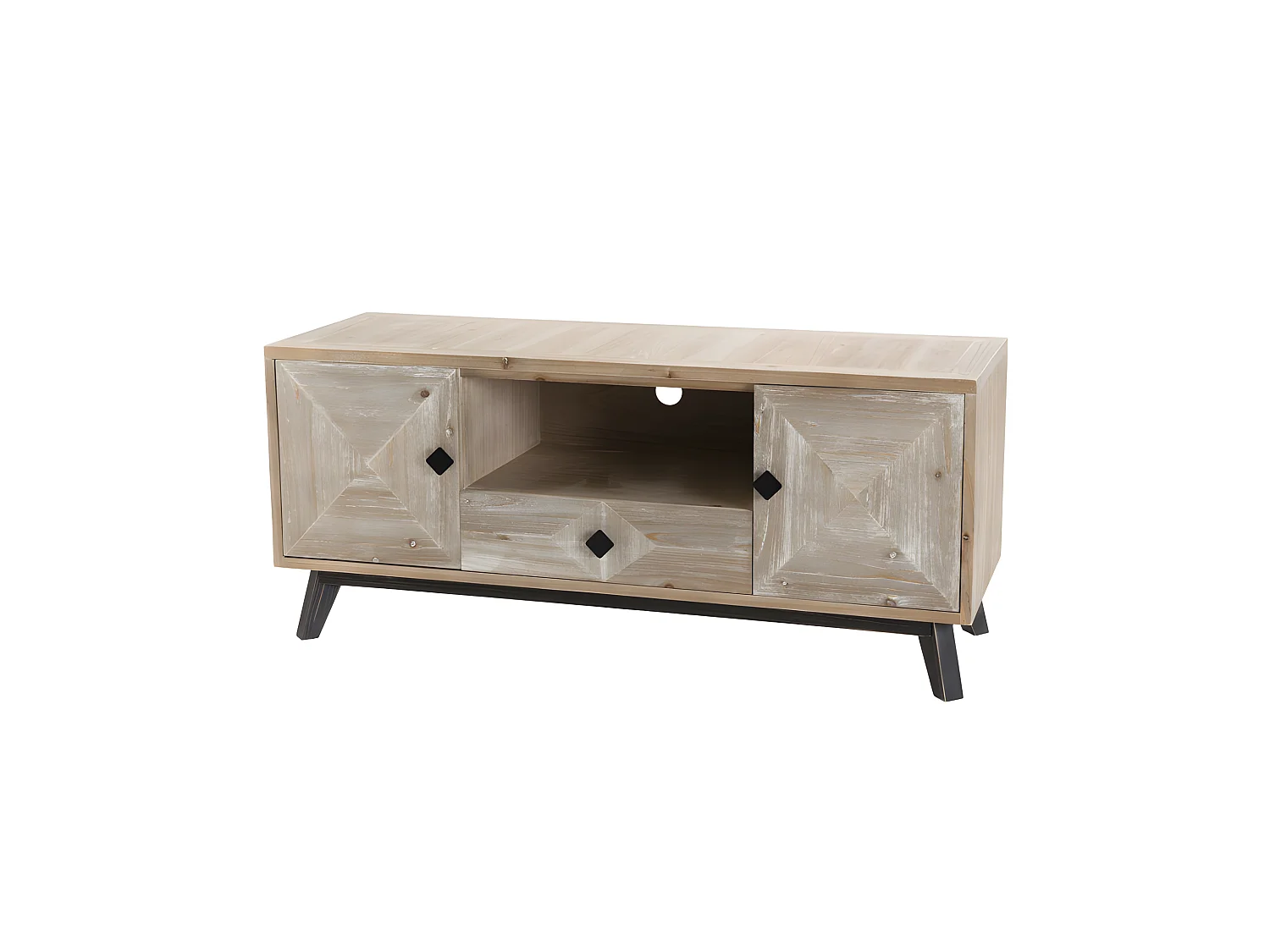 ANDRO - Meuble TV beige scandi 2 portes 1 tiroir 1 niche pieds noirs