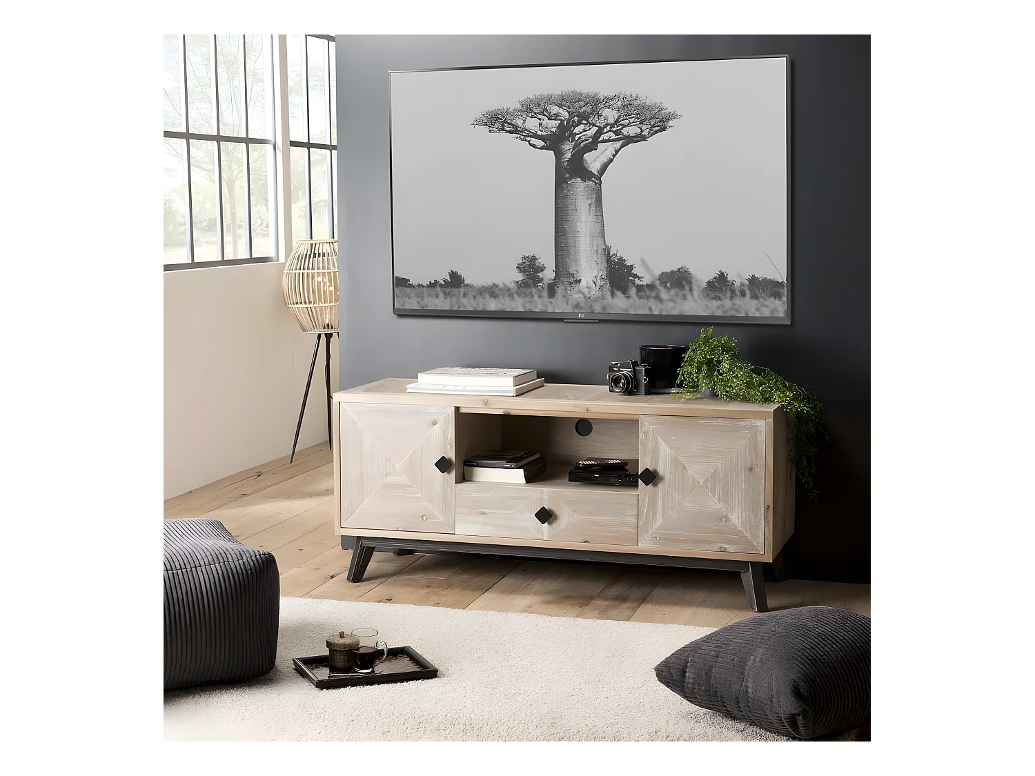 ANDRO - Meuble TV beige scandi 2 portes 1 tiroir 1 niche pieds noirs