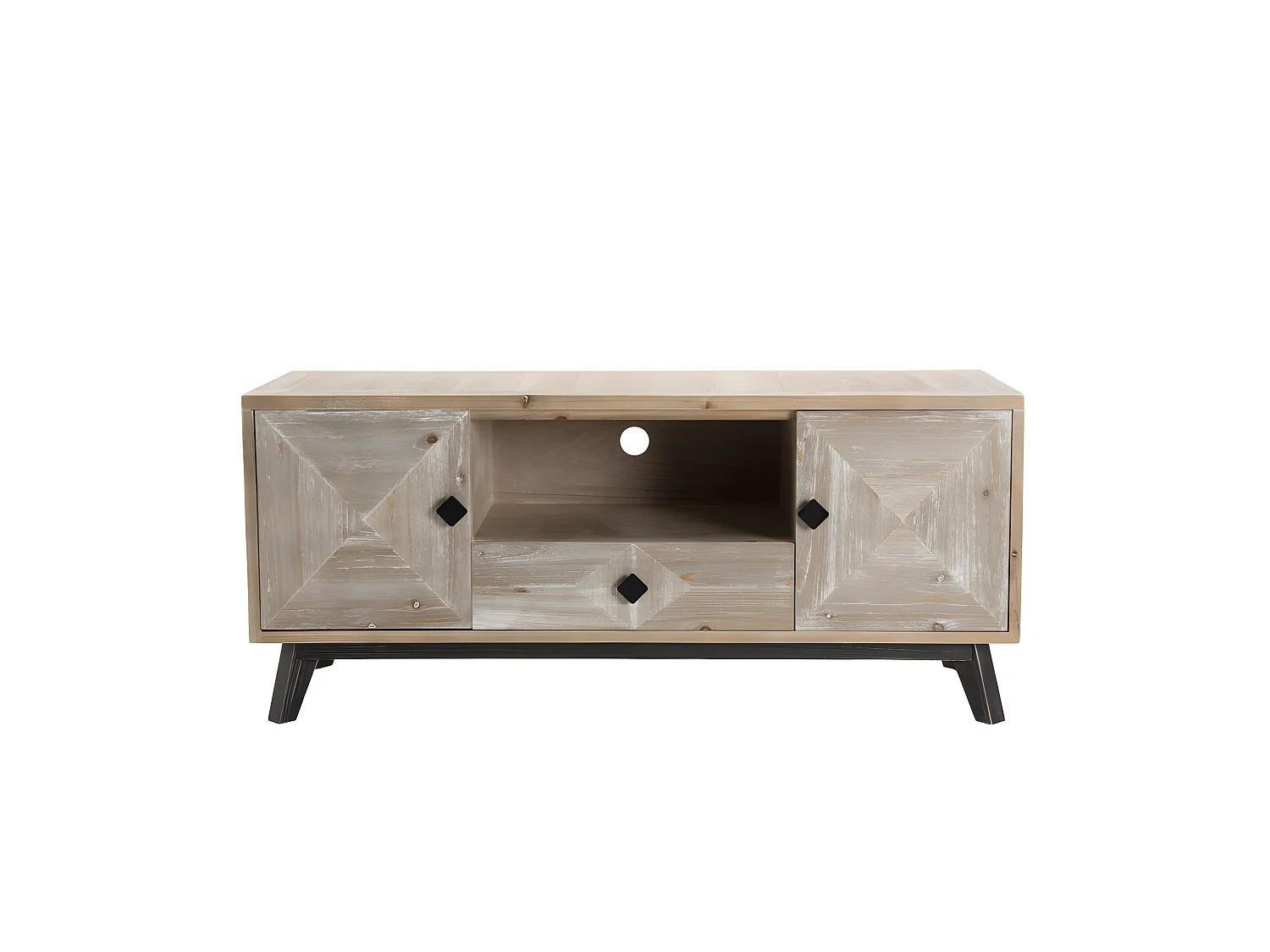 ANDRO - Meuble TV beige scandi 2 portes 1 tiroir 1 niche pieds noirs