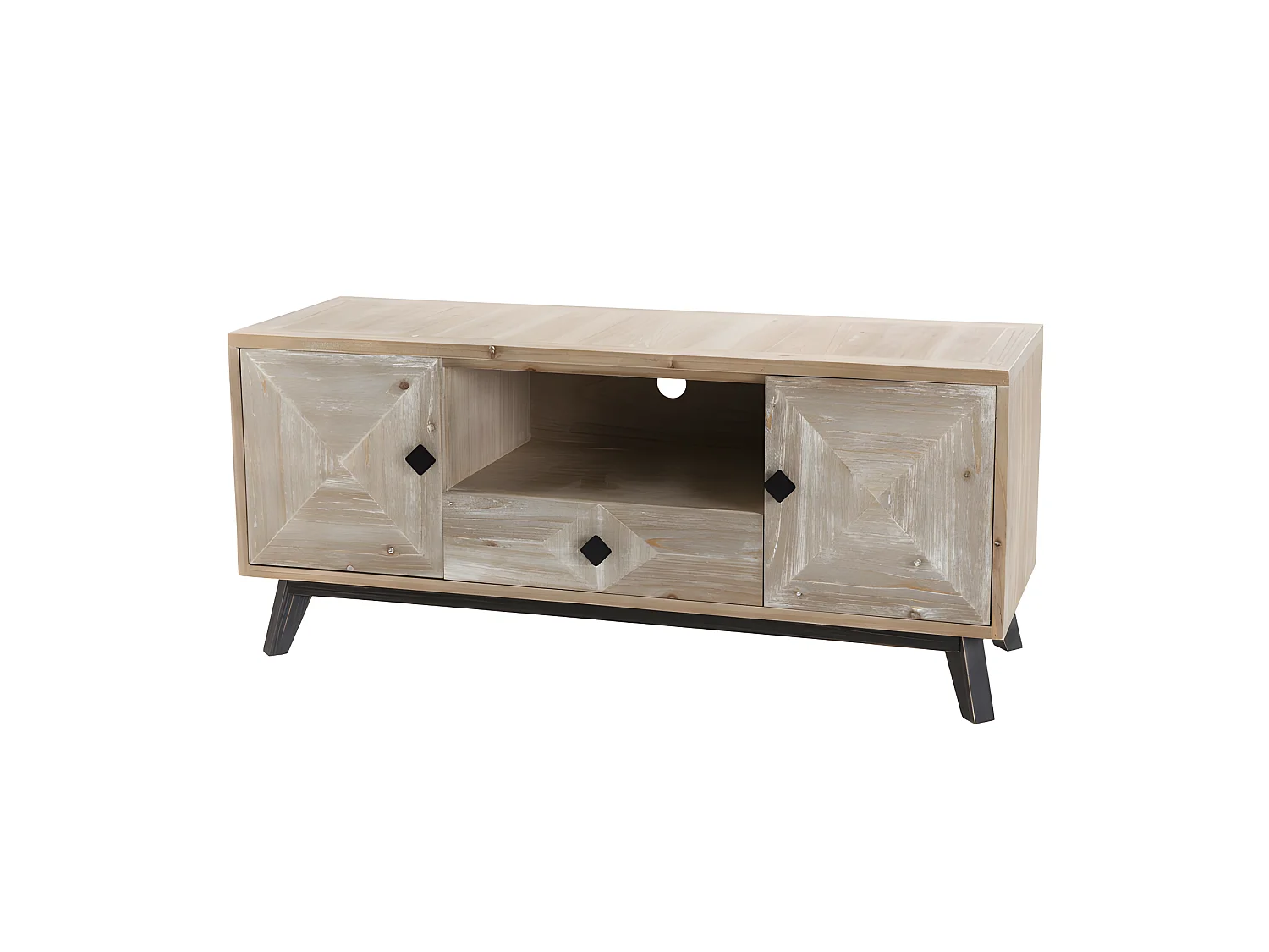 ANDRO - Meuble TV beige scandi 2 portes 1 tiroir 1 niche pieds noirs