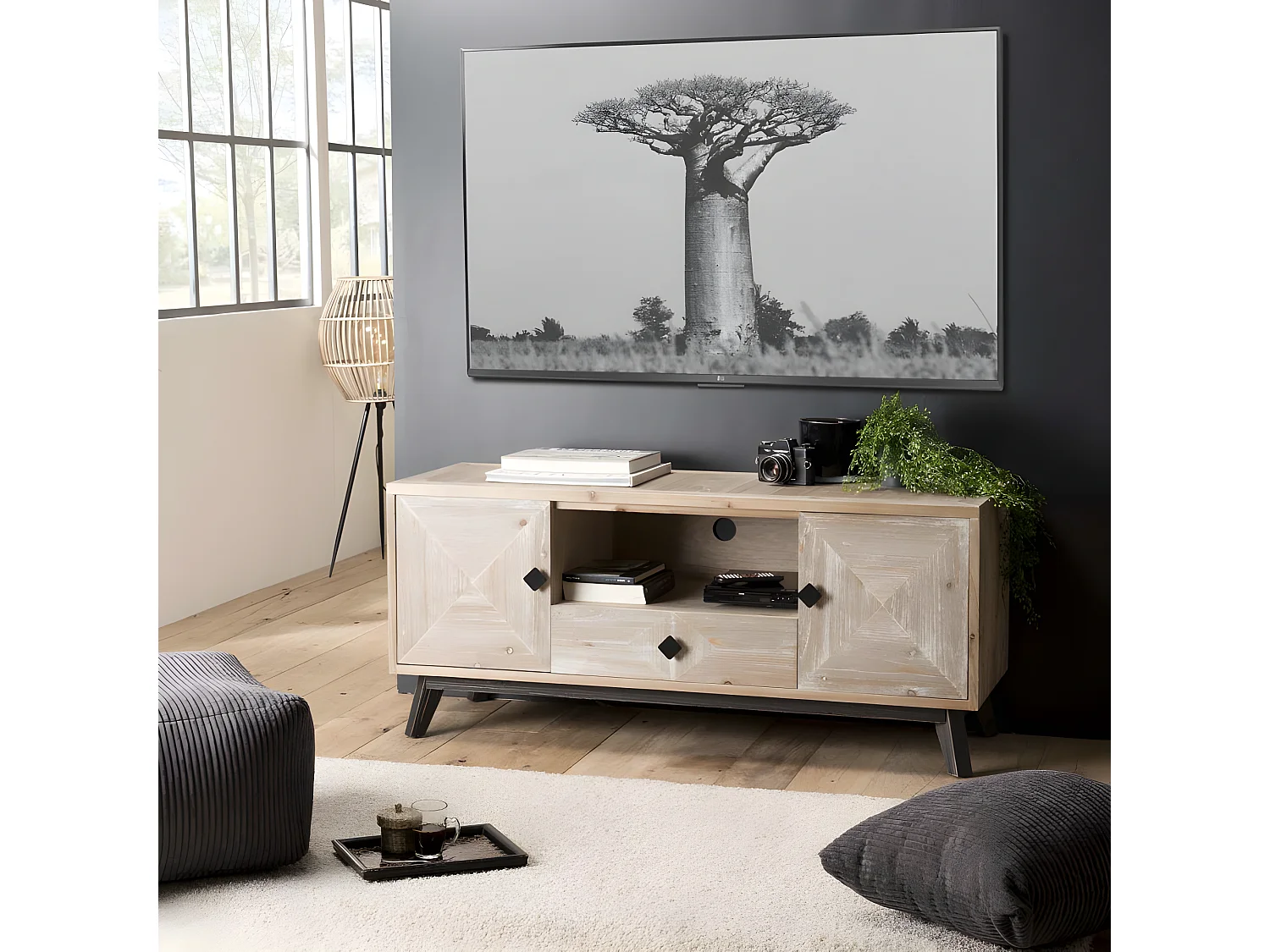 ANDRO - Meuble TV beige scandi 2 portes 1 tiroir 1 niche pieds noirs