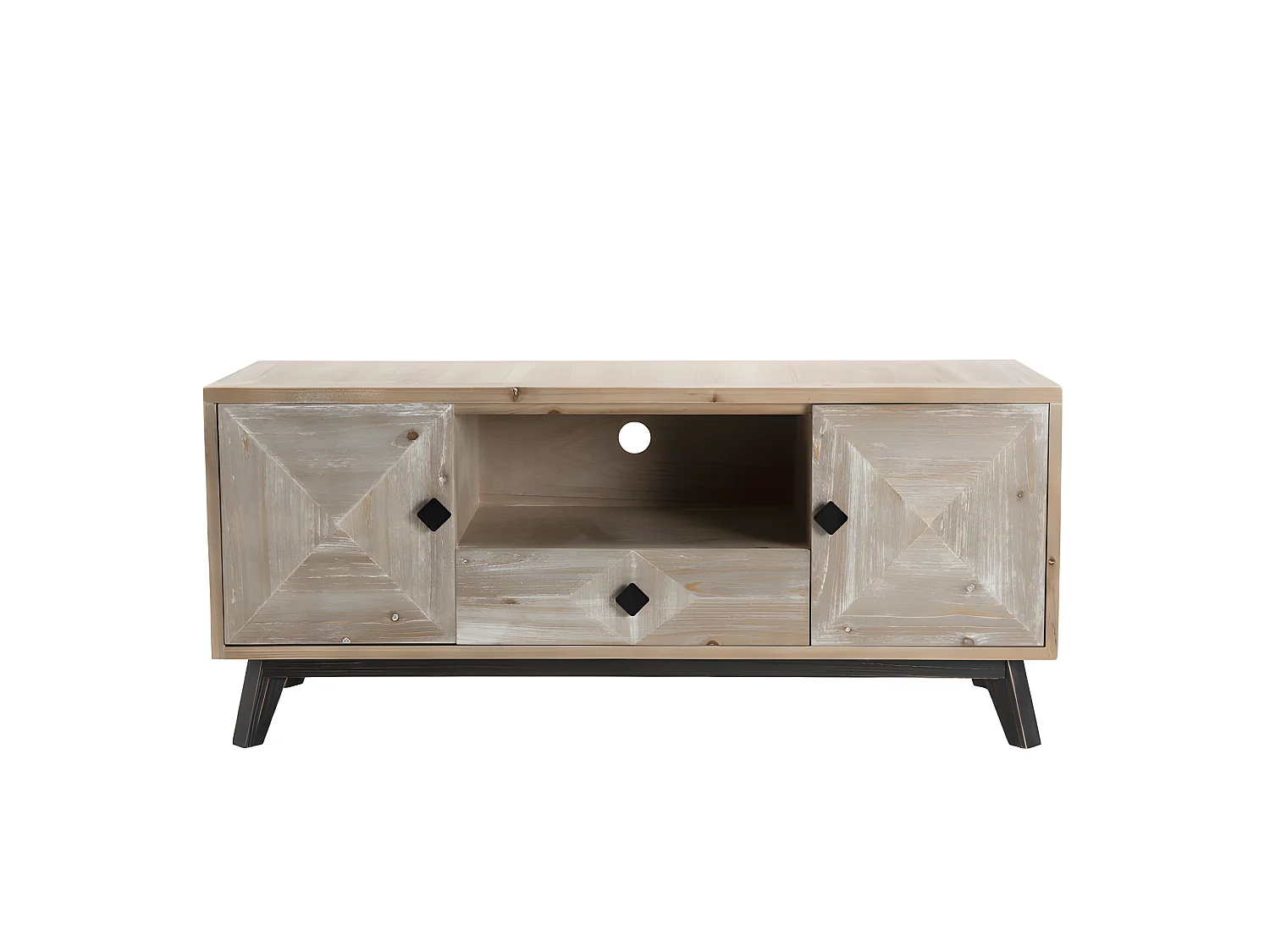 ANDRO - Meuble TV beige scandi 2 portes 1 tiroir 1 niche pieds noirs