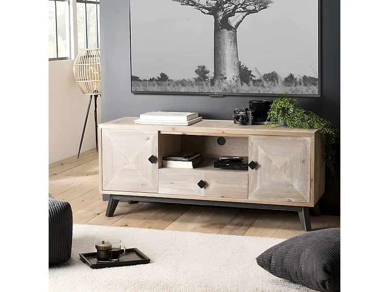 ANDRO - Meuble TV beige scandi 2 portes 1 tiroir 1 niche pieds noirs