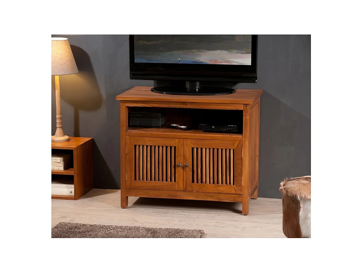 API - Meuble TV marron 2 portes persiennes bois Teck