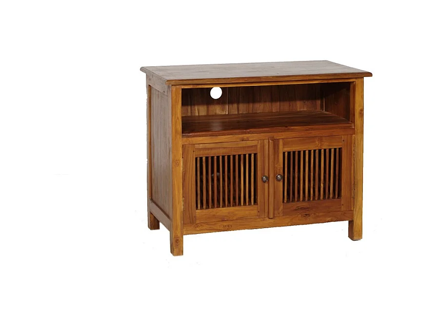 API - Meuble TV marron 2 portes persiennes bois Teck