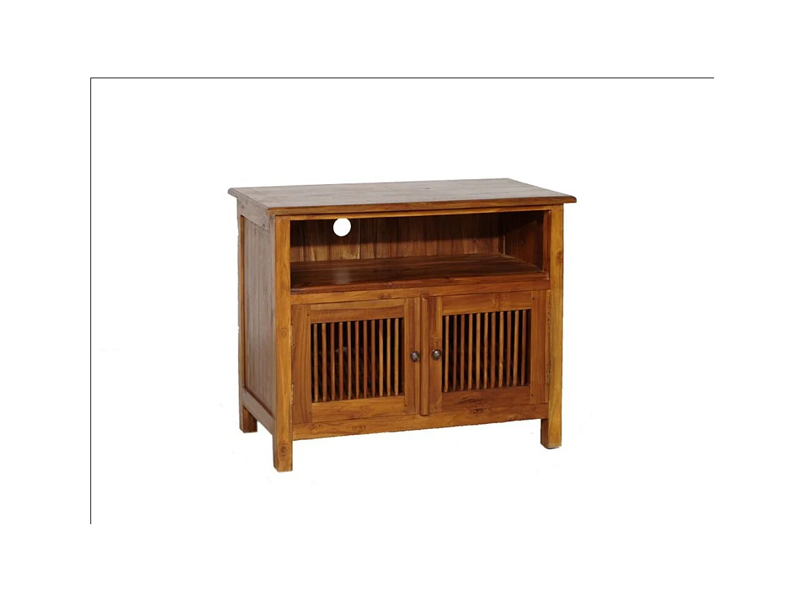 API - Meuble TV marron 2 portes persiennes bois Teck
