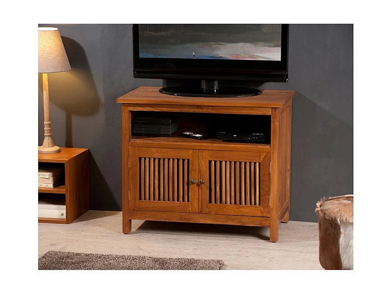 API - Meuble TV marron 2 portes persiennes bois Teck