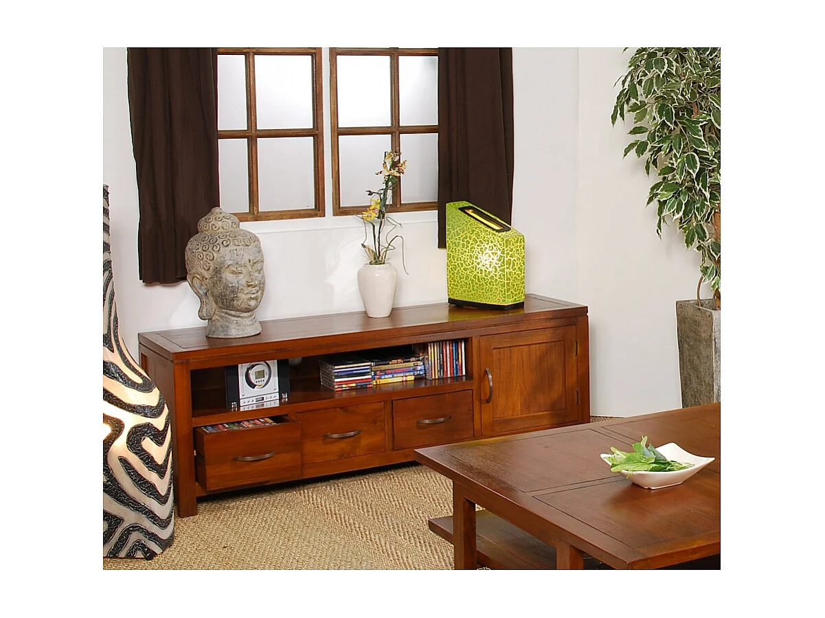 LAUREN - Meuble TV bas 3 tiroirs marron bois Mindi