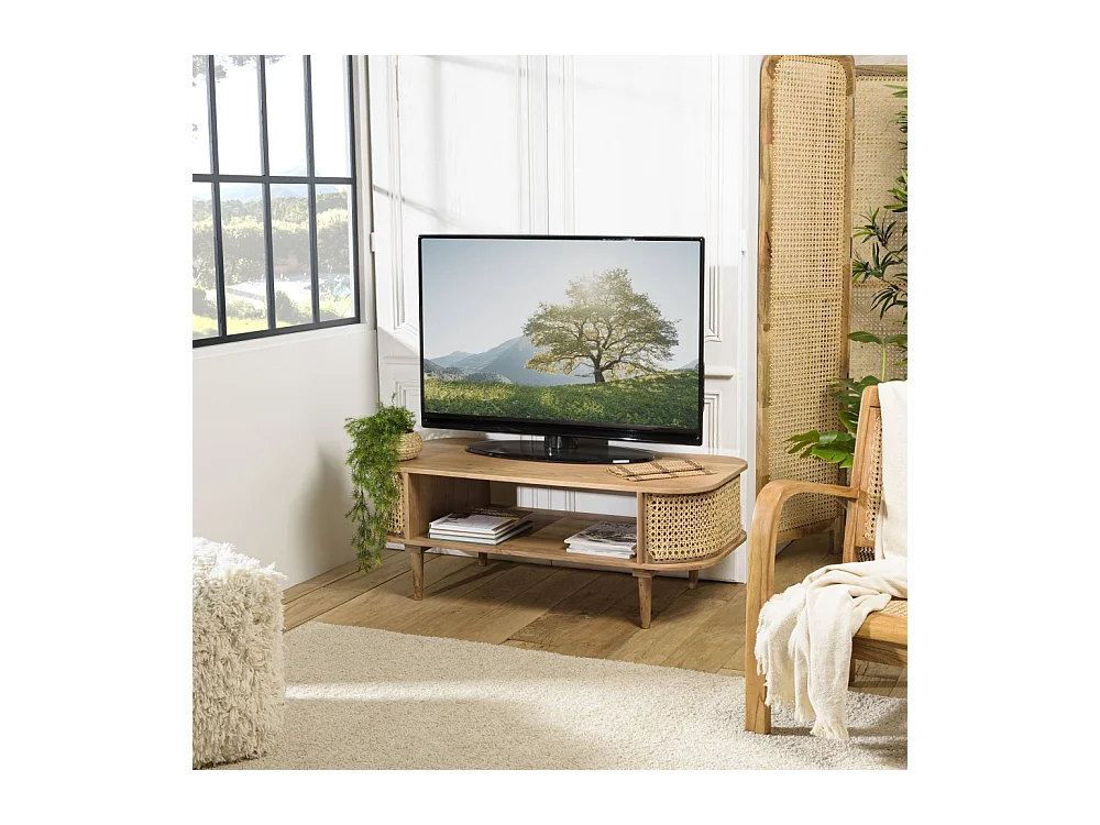 ISA - Meuble TV marron bois de jamelonier et cannage couleur naturelle
