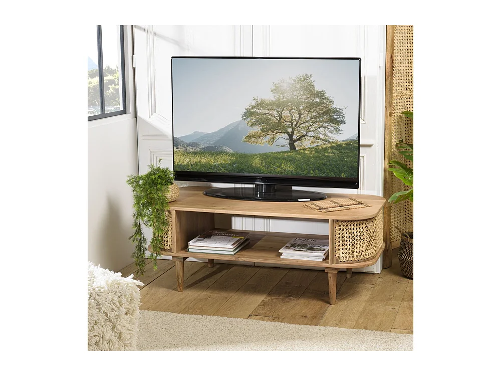 ISA - Meuble TV marron bois de jamelonier et cannage couleur naturelle