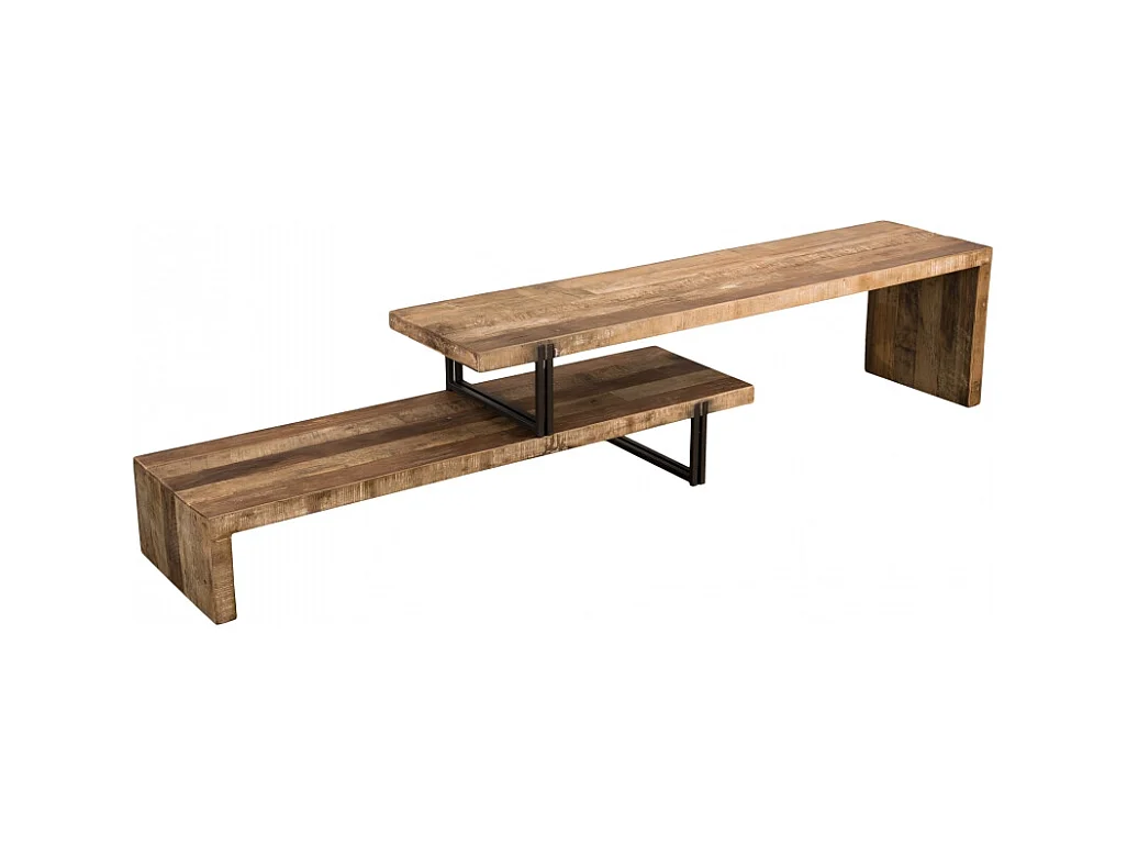 SIXTINE - Meuble TV marron 2 niveaux Teck recyclé Acacia Mahogany recyclé et métal noir
