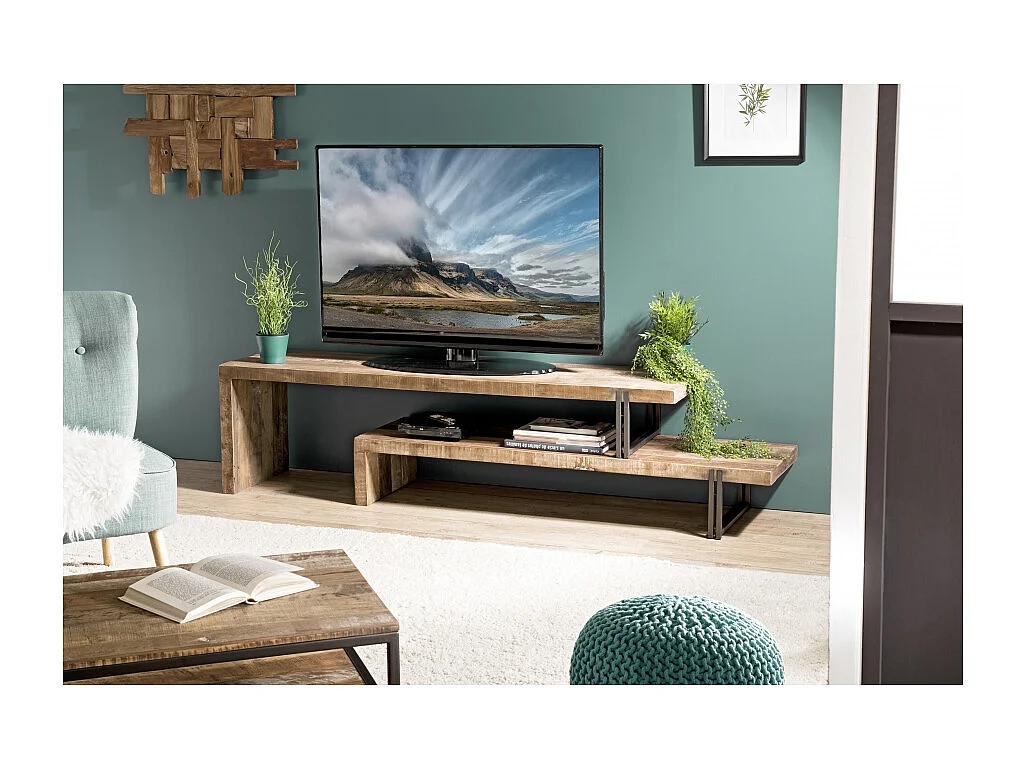 SIXTINE - Meuble TV marron 2 niveaux bois Teck recyclé et métal noir