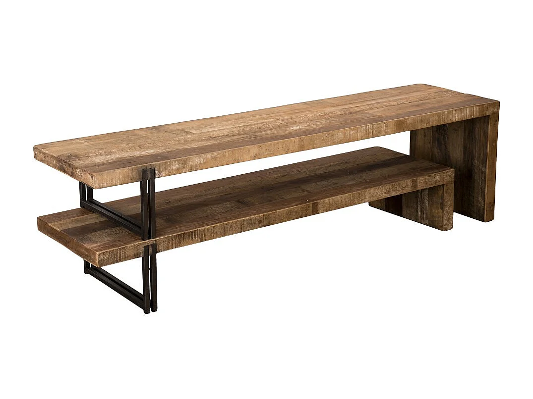 SIXTINE - Meuble TV marron 2 niveaux bois Teck recyclé et métal noir