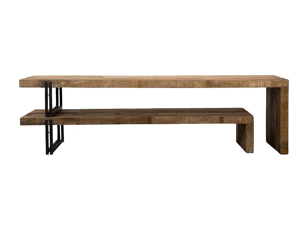 SIXTINE - Meuble TV marron 2 niveaux bois Teck recyclé et métal noir