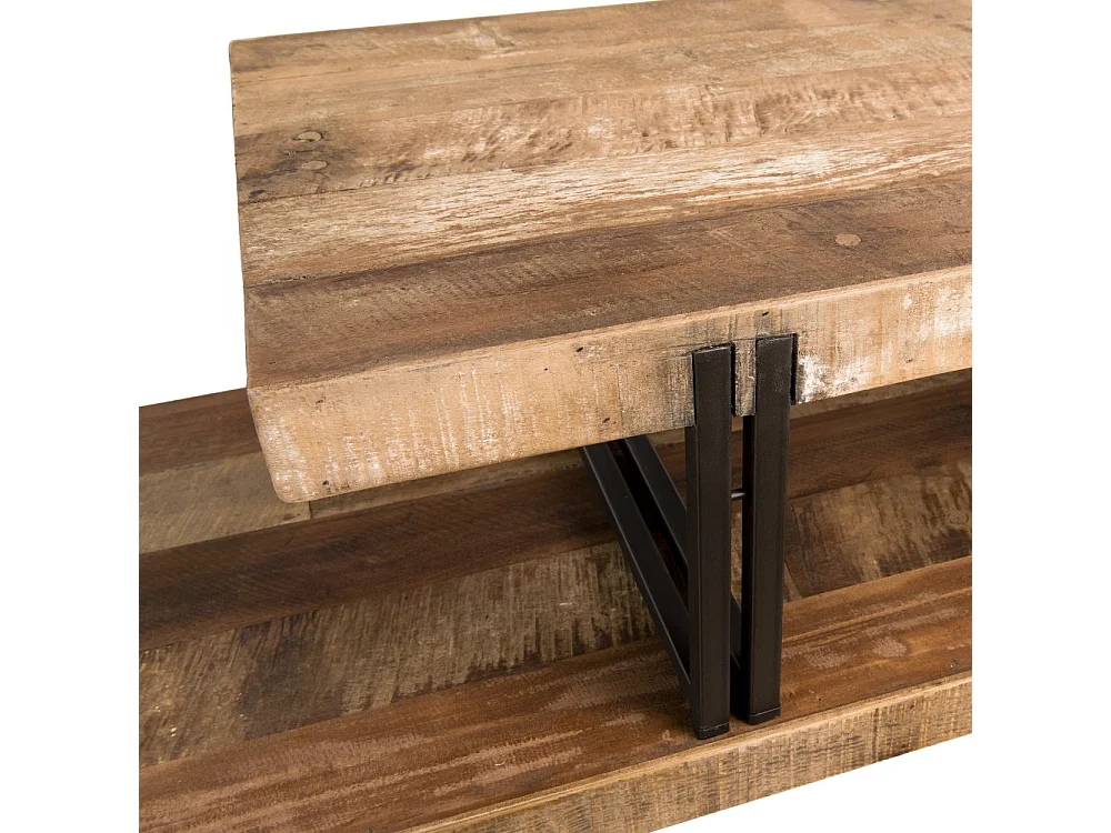 SIXTINE - Meuble TV marron 2 niveaux bois Teck recyclé et métal noir