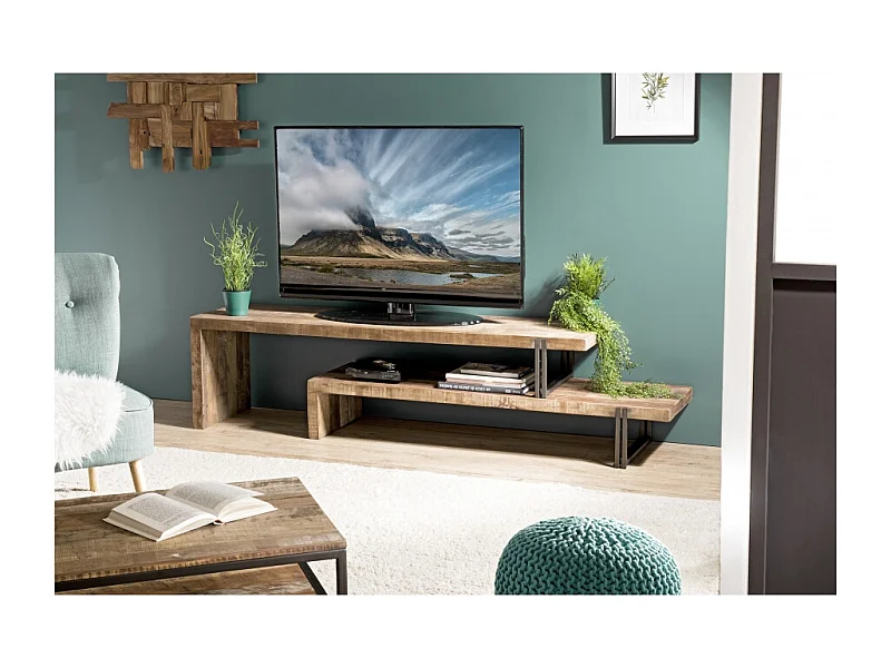 SIXTINE - Meuble TV marron 2 niveaux bois Teck recyclé et métal noir