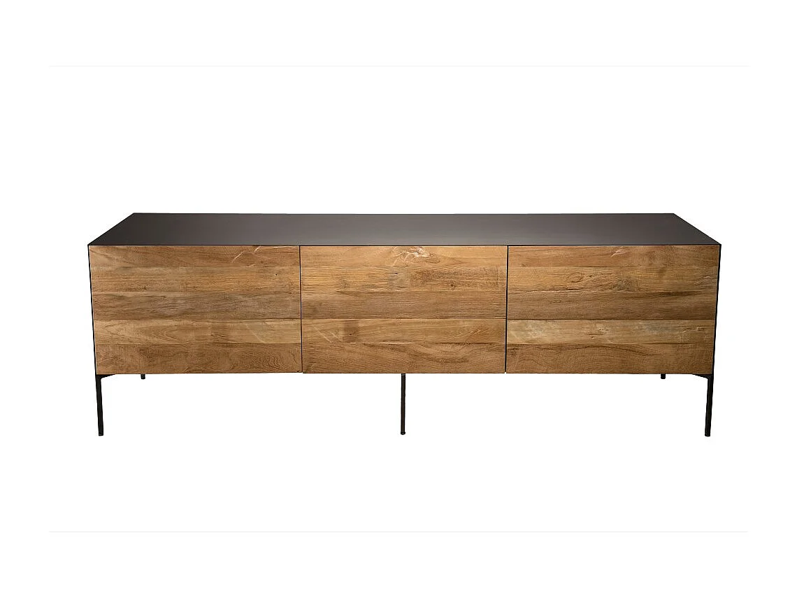 MAXENCE - Meuble TV 2 portes 1 tiroir bois Teck recyclé et pieds gris