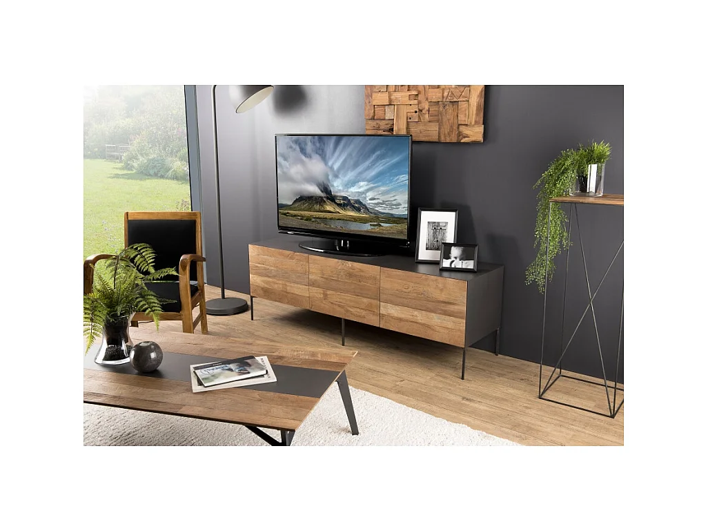 MAXENCE - Meuble TV 2 portes 1 tiroir bois Teck recyclé métal et pieds métal gris anthracite