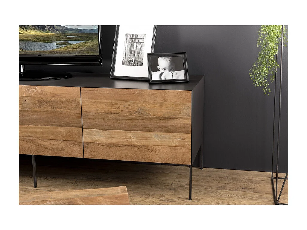 MAXENCE - Meuble TV 2 portes 1 tiroir bois Teck recyclé et pieds gris