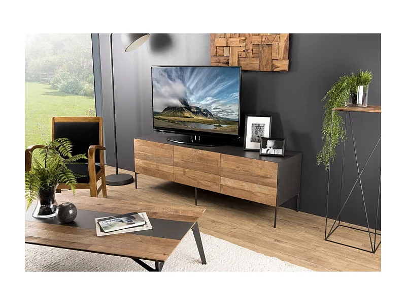 MAXENCE - Meuble TV 2 portes 1 tiroir bois Teck recyclé et pieds gris