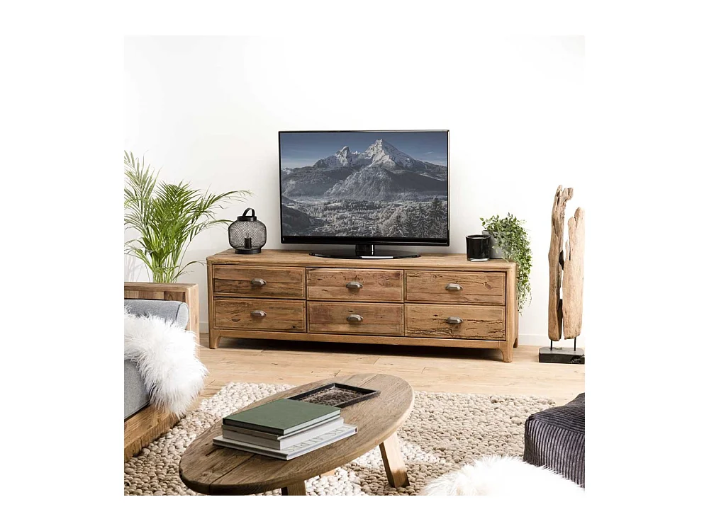SANDY - Meuble TV marron 6 tiroirs bois Pin recyclé