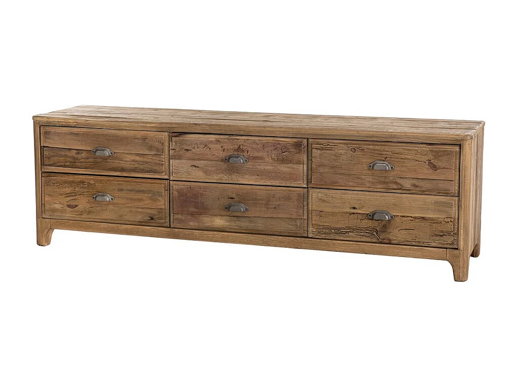 SANDY - Meuble TV marron 6 tiroirs bois Pin recyclé