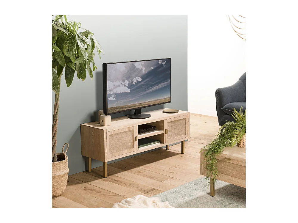 ALINE - Meuble TV 2 niches 2 portes toile de jute pieds métal doré