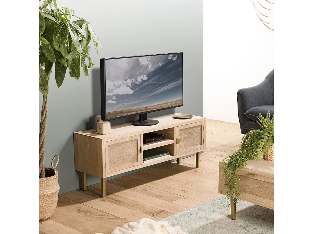 ALINE - Meuble TV bois 2 niches 2 portes toile de jute pieds doré