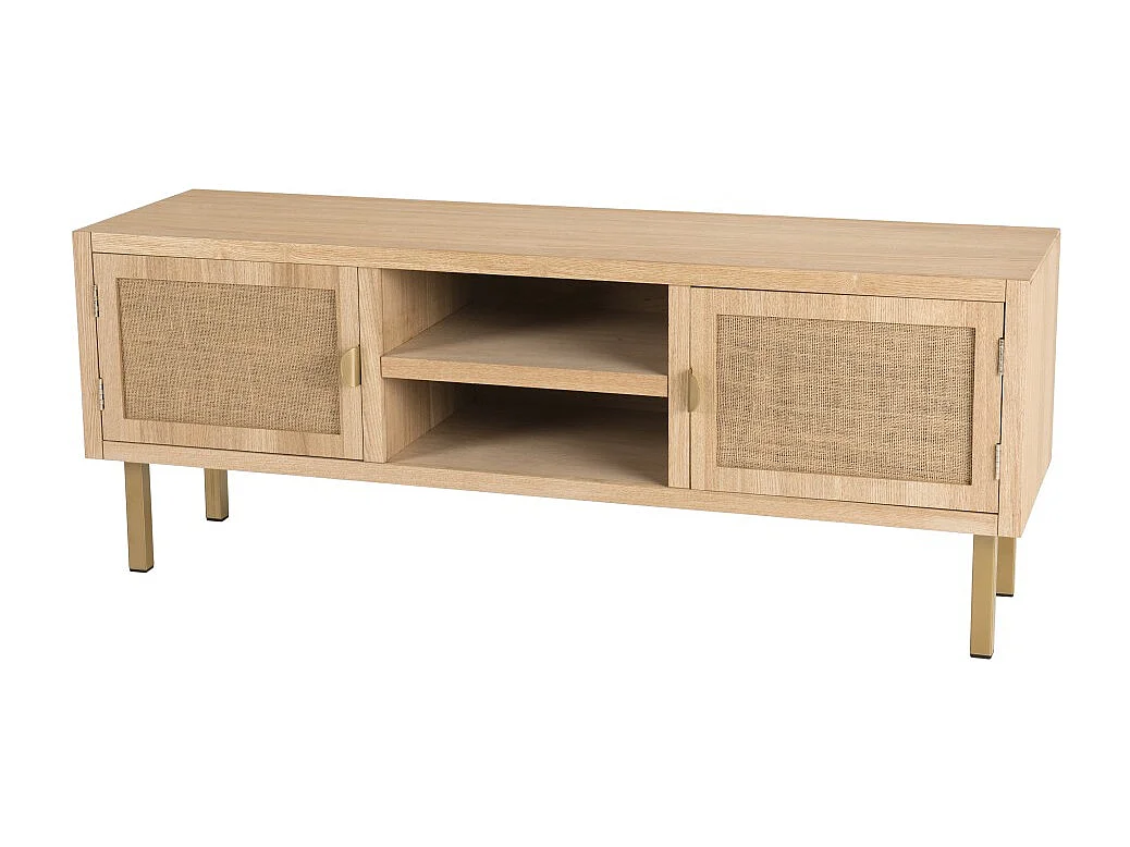 ALINE - Meuble TV bois 2 niches 2 portes toile de jute pieds doré