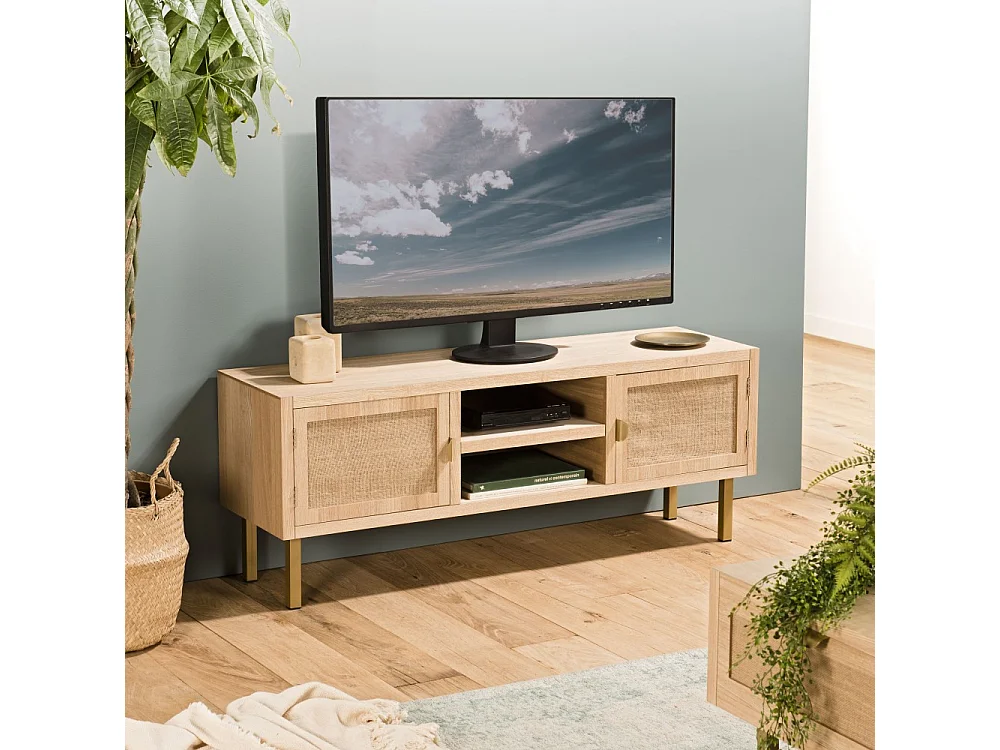 ALINE - Meuble TV bois 2 niches 2 portes toile de jute pieds doré