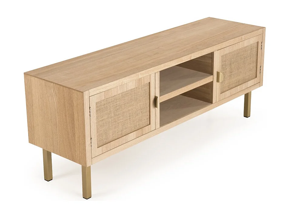 ALINE - Meuble TV bois 2 niches 2 portes toile de jute pieds doré