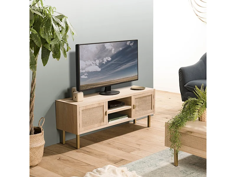 ALINE - Meuble TV bois 2 niches 2 portes toile de jute pieds doré