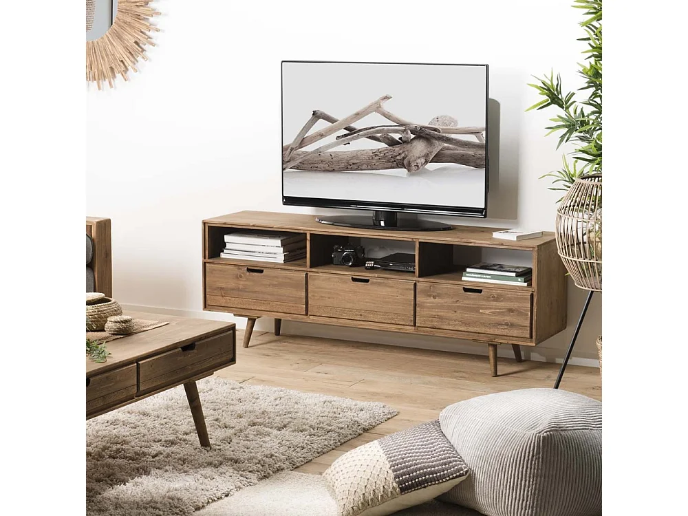 ANDY - Meuble TV scandi bois marron 3 tiroirs 3 niches