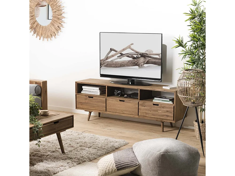 ANDY - Meuble TV scandi bois marron 3 tiroirs 3 niches