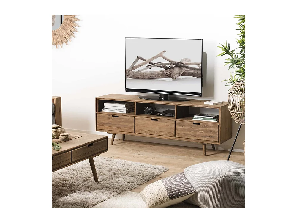 ANDY - Meuble TV scandi bois marron 3 tiroirs 3 niches
