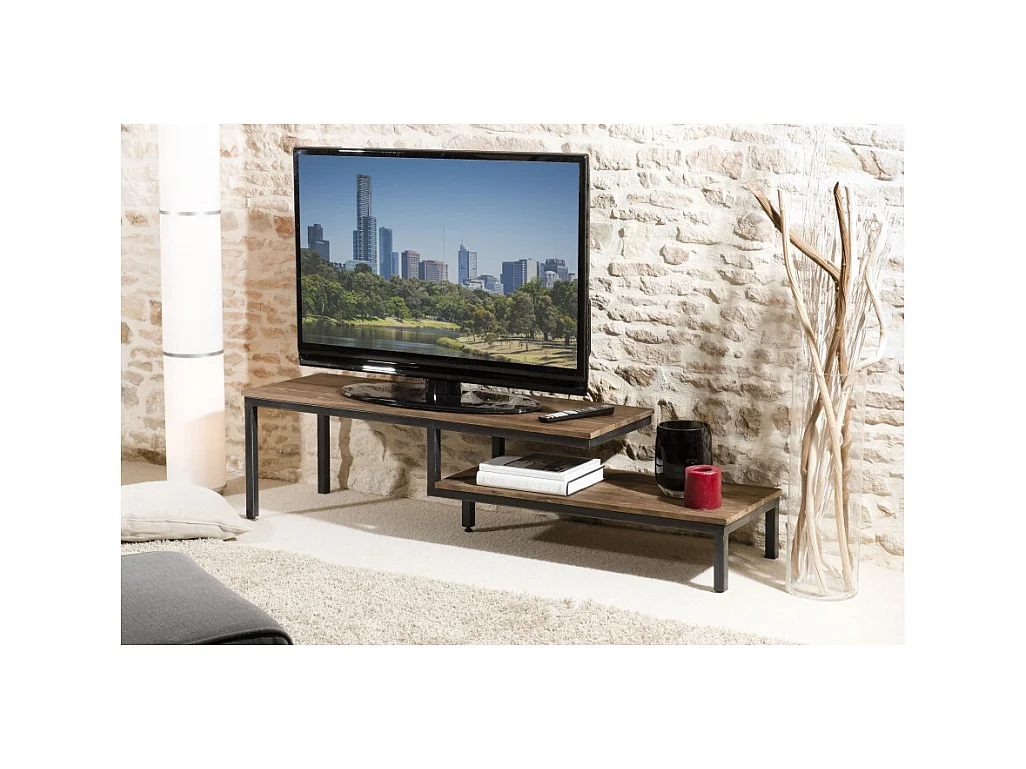 SIXTINE - Meuble TV 2 tablettes plateau teck recyclé pieds métal noir
