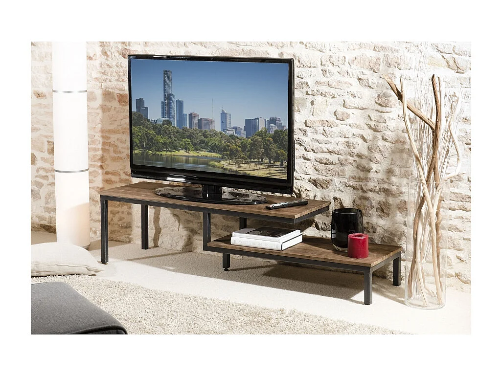 SIXTINE - Meuble TV 2 tablettes plateau teck recyclé pieds métal noir