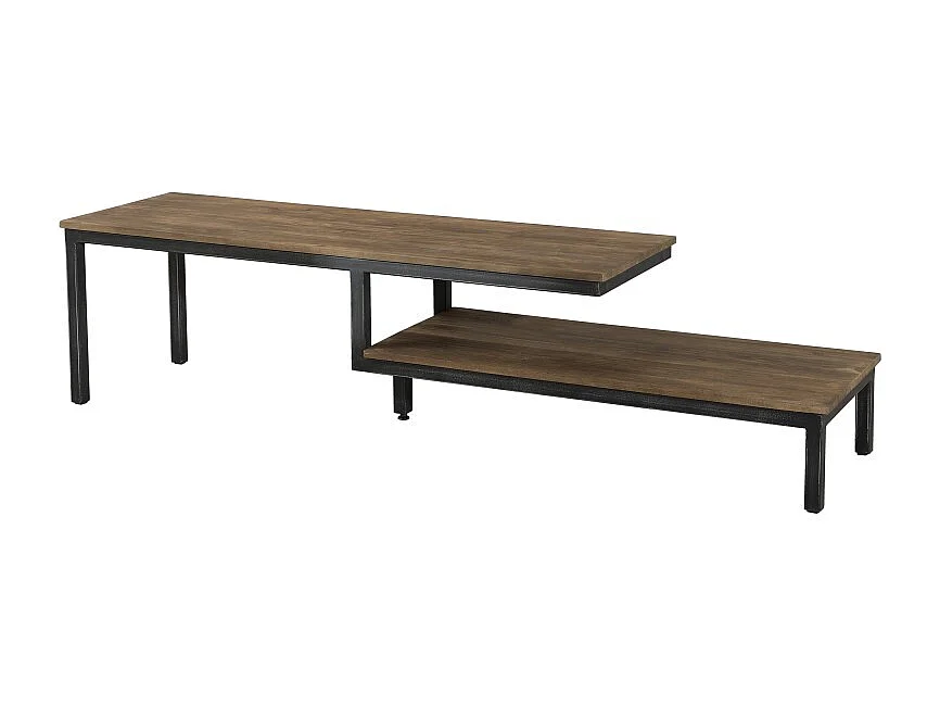 SIXTINE - Meuble TV 2 tablettes plateau teck recyclé pieds métal noir