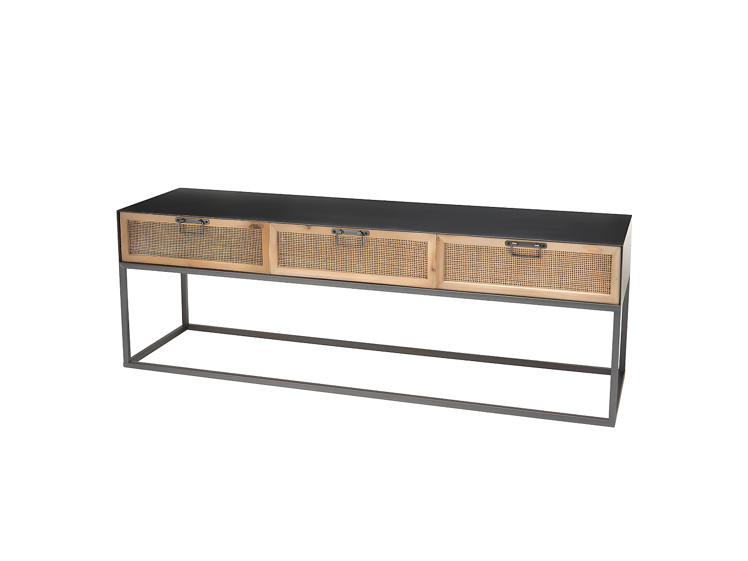 DORIANE - Meuble TV noir métal 3 tiroirs cannage naturel